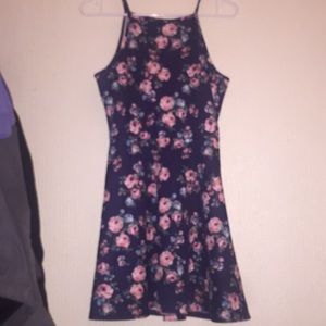navy blue and pink floral halter dress